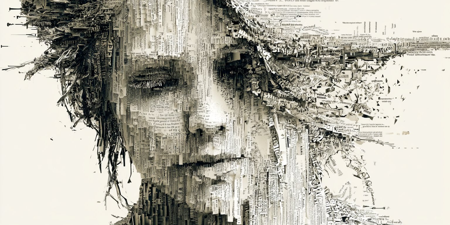 A surreal cinematic image evoking language as an autonomous, self-generating system — an abstract field of glyph-like forms unfolding from itself.