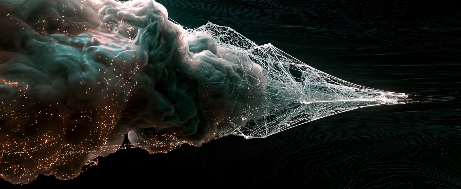 An abstract cloud of glowing particles condensing into a thin crystalline filament — a visual metaphor for an idea collapsing from possibility into specific form.