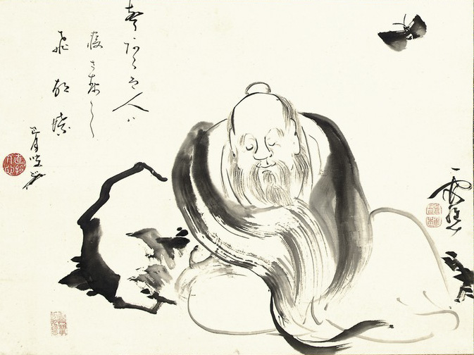 An ink-and-color painting by Ike no Taiga depicting Zhuangzi reclining beneath a tree, dreaming, with a butterfly visible nearby — illustrating the classical thought experiment of whether Zhuangzi dreams of a butterfly or a butterfly dreams of Zhuangzi.
